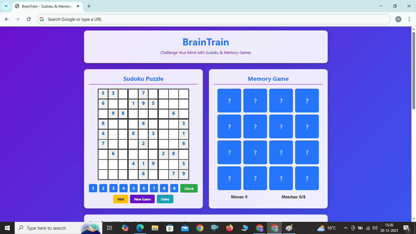 Sudoku and Memory Game , 2 In 1 Game 