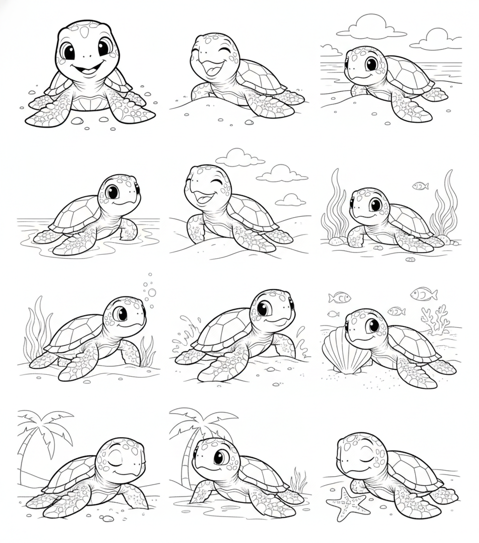 Turtle Sketch Bundle | 22 Turtle Drawings Different Angles | Hand Drawn Turtle Illustration | Digital Download Line Art